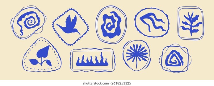 Stamp tropical travel set, hand drawn curved summer exotic vacation borders, abstract wavy curly emblem with plant flower bird seashell coral. Minimalist organic trip silhouette design postal letter 