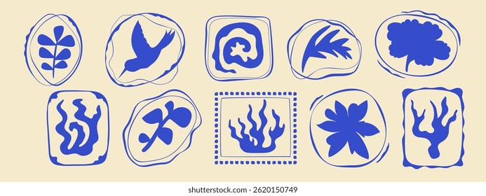 Stamp tropical travel set, hand drawn curved summer exotic vacation borders, abstract wavy curly emblem with plant flower bird seashell coral. Minimalist organic trip silhouette design postal letter 