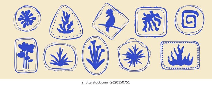 Stamp tropical travel set, hand drawn curved summer exotic vacation borders, abstract wavy curly emblem with plant flower bird seashell coral. Minimalist organic trip silhouette design postal letter 