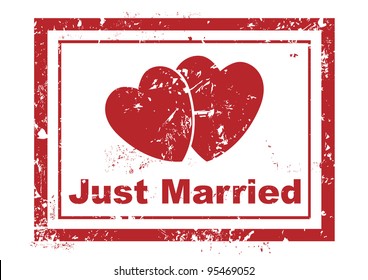 stamp with two hearts and text just married written inside