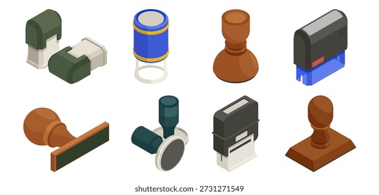 Stamp types set. Vector isolated isometric wooden and plastic, circular and rectangular seals designs. Office and administrative equipment. Devices for documents, paperwork and creative projects