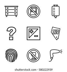 stamp vector icons. Set of 9 stamp outline icons such as no laptop, nightstand, hair dryer, Vegas, drop counter, no alcohol, light exposure, fingerprint