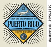 Stamp or vintage emblem with airplane, compass and text Puerto Rico, Discover the World, vector illustration