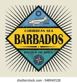 Stamp or vintage emblem with airplane, compass and text Barbados, Discover the World, vector illustration