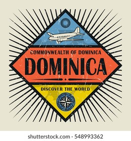 Stamp or vintage emblem with airplane, compass and text Dominica, Discover the World, vector illustration