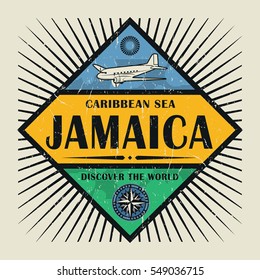 Stamp or vintage emblem with airplane, compass and text Jamaica, Discover the World, vector illustration