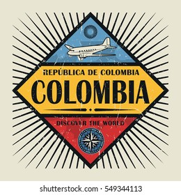 Stamp or vintage emblem with airplane, compass and text Colombia, Discover the World, vector illustration