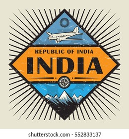 Stamp or vintage emblem with airplane, compass, mountains and text India, vector illustration