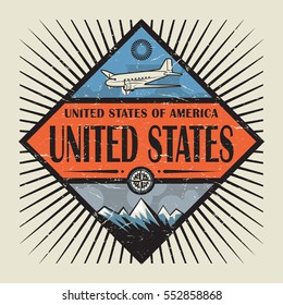 Stamp or vintage emblem with airplane, compass, mountains and text United States, vector illustration