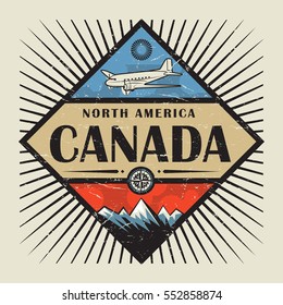 Stamp or vintage emblem with airplane, compass, mountains and text Canada, vector illustration