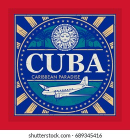 Estampilla o emblema vintado con avión, brújula y texto Cuba, ilustración vectorial de Caribbean Paradise