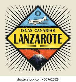 Stamp or vintage emblem with airplane, volcano and text Lanzarote, Canary island (in spanish), vector illustration.