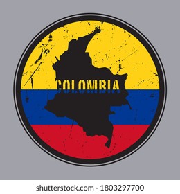 Stamp or vintage emblem with Colombia map and flag, vector illustration