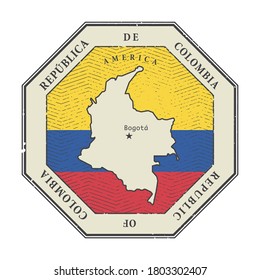 Stamp or vintage emblem with Colombia map and flag, vector illustration