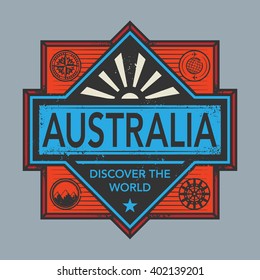 Stamp or vintage emblem with text Australia, Discover the World, vector illustration