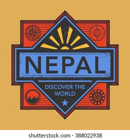 Stamp or vintage emblem with text Nepal, Discover the World, vector illustration