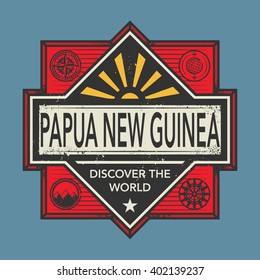 Stamp or vintage emblem with text Papua New Guinea, Discover the World, vector illustration