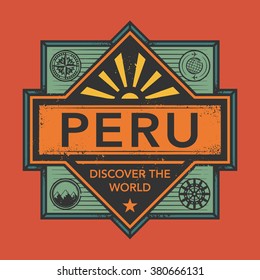 Stamp or vintage emblem with text Peru, Discover the World, vector illustration