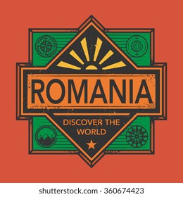 Stamp or vintage emblem with text Romania, Discover the World, vector illustration