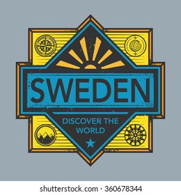 Stamp or vintage emblem with text Sweden, Discover the World, vector illustration
