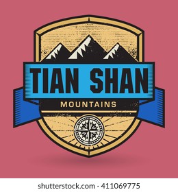 Stamp or vintage emblem with text Tian Shan Mountains, vector illustration