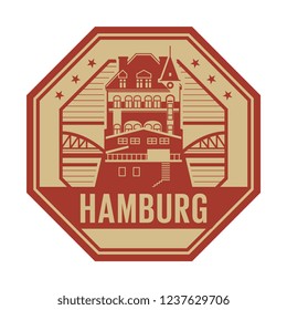 Stamp with Warehouse district building and the word Hamburg, written inside, vector illustration