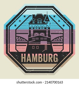 Stamp with Warehouse district building and the word Hamburg, written inside, vector illustration