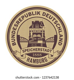 Stamp with Warehouse district building and the words Hamburg, Republic of Germany (on german language) written inside, vector illustration