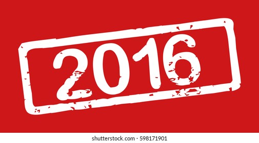Stamp with word "2016", grunge style, white text on red background