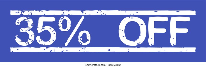Stamp with word "35% off", grunge style, white text on blue indigo background