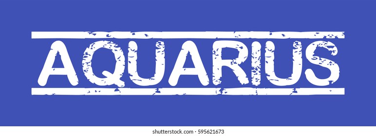 Stamp with word "aquarius", grunge style, white text on blue indigo background