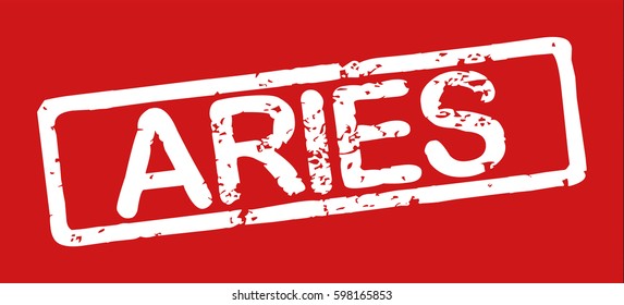 Stamp with word "aries", grunge style, white text on red background