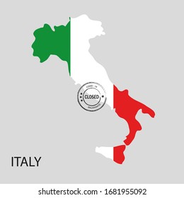 Sello con palabra cerrada en el mapa de Italia pintado con colores de bandera nacional. Notificación de cuarentena.Coronavirus covid - 19.