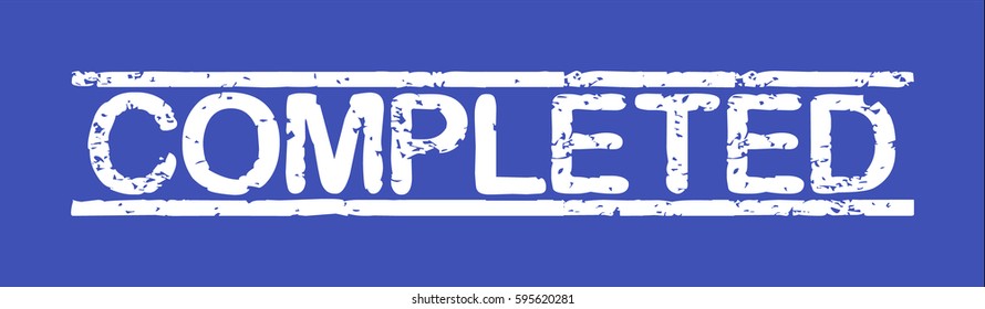 Stamp with word "completed", grunge style, white text on blue indigo background