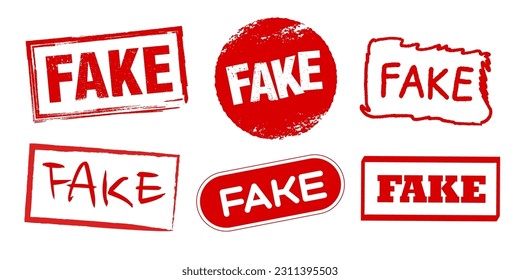Stamp with word fake illustration set in grunge flat vector design. Icon or sticker template for news or social media warning banners. Red inscription layout concept.