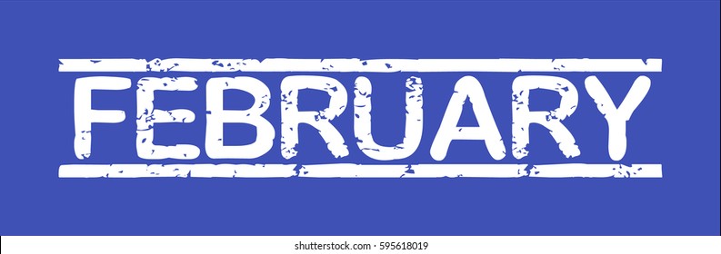 Stamp with word "february", grunge style, white text on blue indigo background