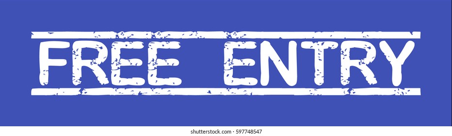 Stamp with word "free entry", grunge style, white text on blue indigo background