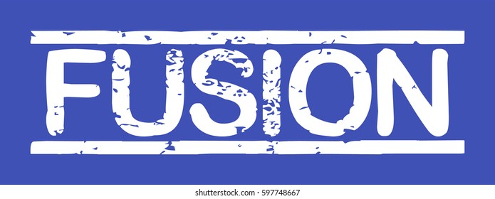 Stamp with word "fusion", grunge style, white text on blue indigo background
