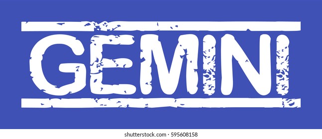 Stamp with word "gemini", grunge style, white text on blue indigo background