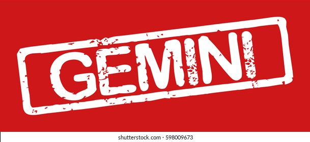 Stamp with word "gemini", grunge style, white text on red background