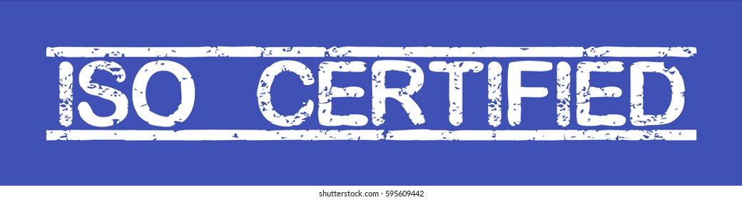 Stamp with word "iso certified", grunge style, white text on blue indigo background
