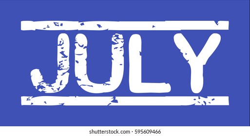 Stamp with word "july", grunge style, white text on blue indigo background