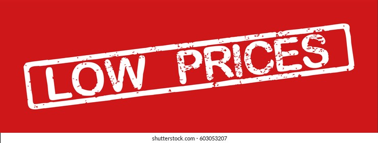 Stamp with word "low prices", grunge style, white text on red background