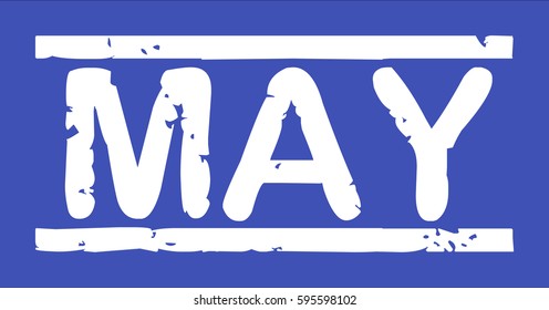 Stamp with word "may", grunge style, white text on blue indigo background