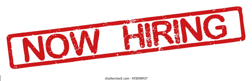 Stamp with word "now hiring", grunge style, on white background