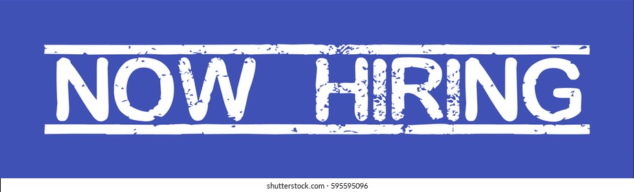 Stamp with word "now hiring", grunge style, white text on blue indigo background