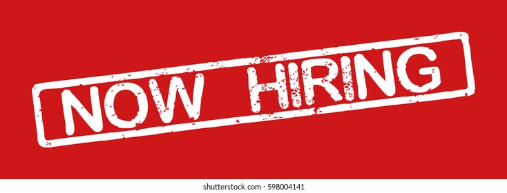 Stamp with word "now hiring", grunge style, white text on red background