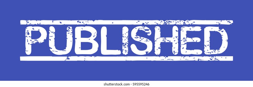 Stamp with word "published", grunge style, white text on blue indigo background