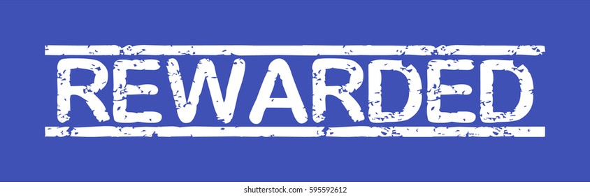 Stamp with word "rewarded", grunge style, white text on blue indigo background