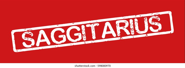 Stamp with word "saggitarius", grunge style, white text on red background